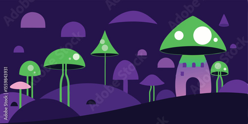 Seamless vector illustration of an autumn village landscape with houses, protected from the rain by colorful umbrellas under a cloudy sky