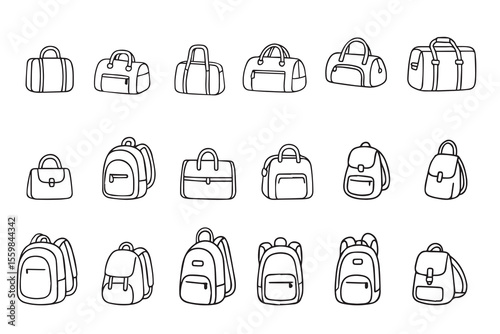 Large collection of bags and backpacks in doodle style. Hand drawn vector illustration. Vector illustration