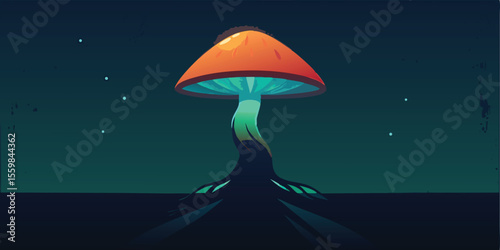 A colorful vector illustration of a girl with a mushroom umbrella protecting her from the autumn rain under a dark, cloudy sky