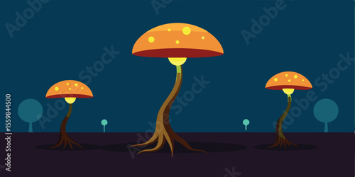 Cartoon vector illustration of an isolated red toadstool mushroom in a forest with grass and leaves, ideal for autumn food and nature designs