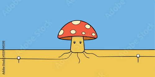 A vibrant cartoon fly agaric mushroom, isolated on the beach, a poisonous red fungus vector illustration
