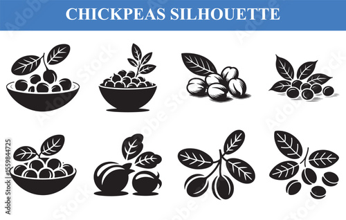 Black Chickpea Silhouettes Bowls Leaves Various Arrangements Graphic Design Elements