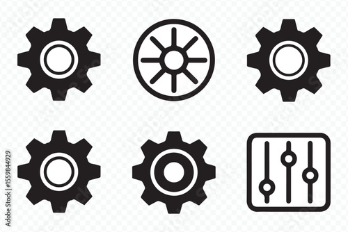 collection of mechanical gear symbols and adjustable settings sliders in vector format for web app software ui design