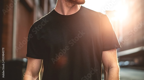 A man in a black t shirt stands in the sunlight with a blurred background showing his upper body