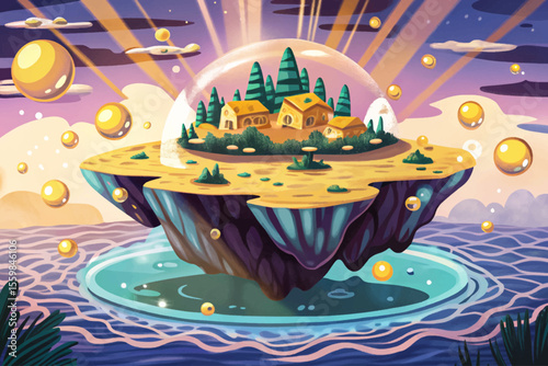 floating underwater island illuminated by golden light, surrounded by air bubbles and aquatic scenery vector perfect for fantasy marine-themed digital illustrations and designs