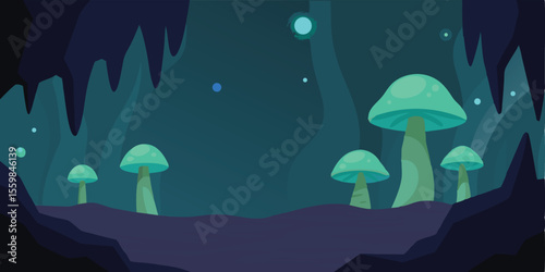 Rainy autumn night landscape with a magical forest, featuring a whimsical umbrella design under a cloudy sky