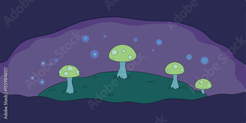 Cartoon vector illustration of a fantasy tree with a red toadstool mushroom in a magical autumn forest at night under the moon