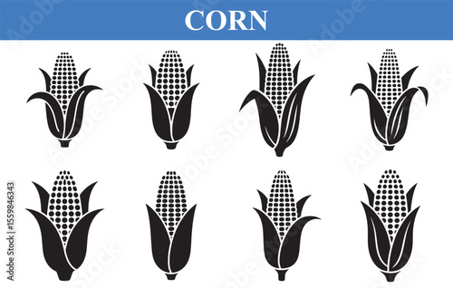 Eight Black and White Corn Cob Icons Set Simple Graphic Design Elements maize