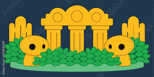 Cartoon vector illustration of a house with a fence in a summer garden, surrounded by trees, flowers, and playful animals under a sunny sky with clouds