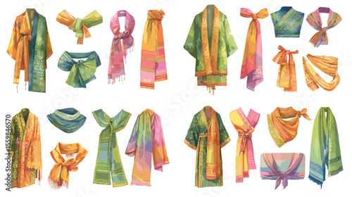 Colorful woven scarf and fabric illustration featuring bright patterns and wrap styles. Perfect for fashion, culture, and textile design visuals.


