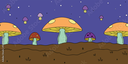 Forest mushrooms in autumn rain, a wet nature cartoon illustration
