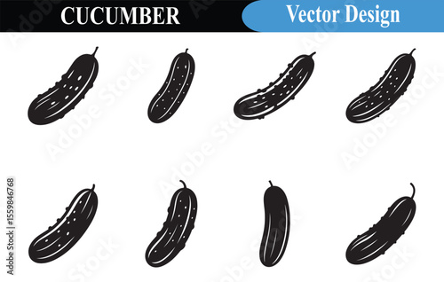 Eight Black and White Cucumber Vector Illustrations Isolated on White Background