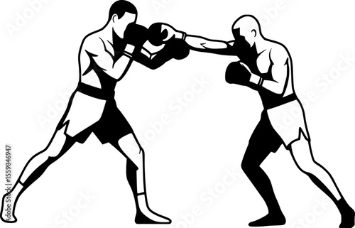 boxing match featuring two men fighting line art silhouette vector illustration
