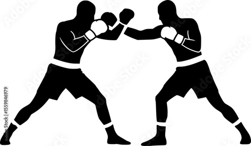 boxing match featuring two men fighting line art silhouette vector illustration
