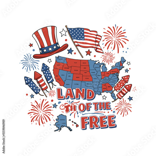 Patriotic 4th of July Image Fireworks USA Map Hat and Flag