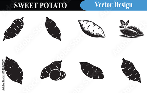 Eight Black and White Sweet Potato Vector Illustrations Various Angles and Styles