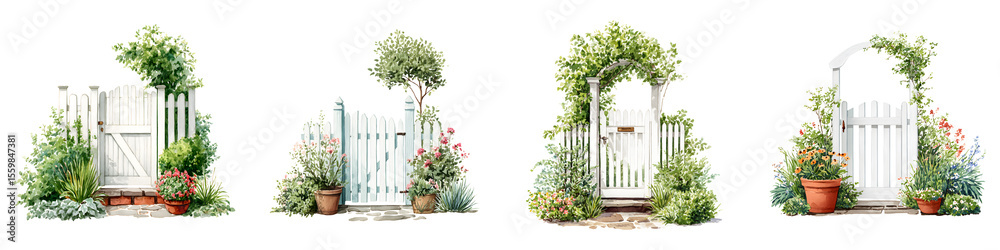 Fototapeta premium Watercolor Garden Gate Collection, Cottage Style Entrance Illustration
