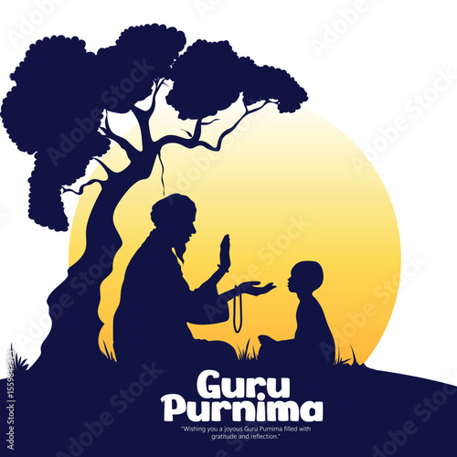 Illustration of a teacher and student celebrating Guru Purnima, a tradition honoring the guru-disciple bond filled with respect and reverence in a spiritual and cultural setting.