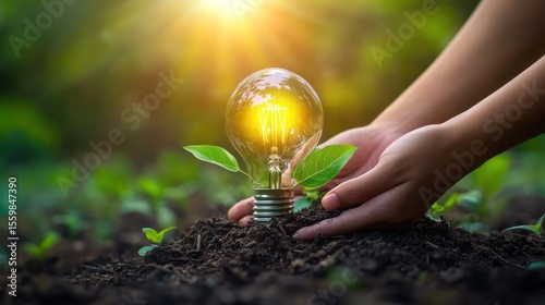Hands planting glowing lightbulb sprout in rich soil, sunrise background; eco-concept