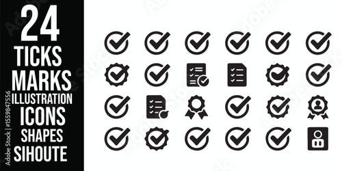 Collection of twenty four black and white check mark icons and shapes in various designs and styles