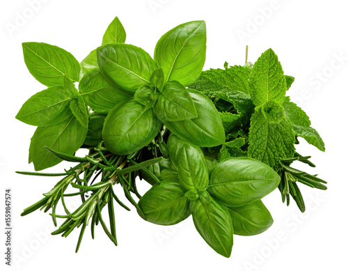 Fresh mixed herbs bundle with basil, mint and rosemary on transparent background