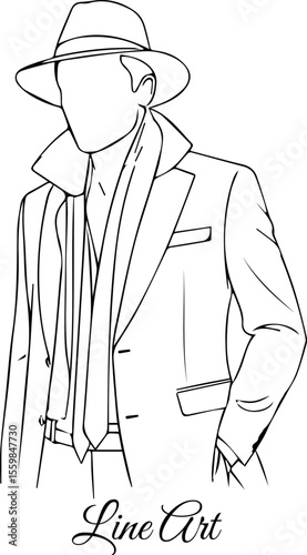 Stylish Man in Hat Line Art, Classic Fashion Outline