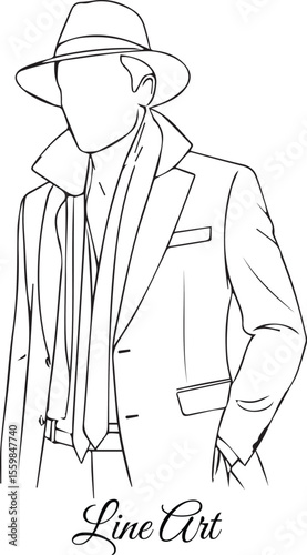 Stylish Man in Hat Line Art, Classic Fashion Outline