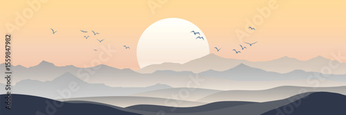 Minimalistic mountain landscape, morning light and sun, vector illustration, panoramic view