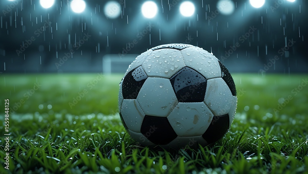 Fototapeta premium Soccer ball on wet grass under stadium lights during a rain shower