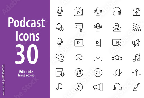 Podcast Line Icons, Microphone, Headphones, Streaming, Recording, Audio Wave, Playlist, and More , Editable Formats: AI, EPS, JPG, PNG , Ideal for Both Digital and Print Use