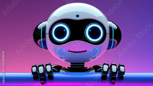 Cute friendly robot with glowing blue eyes peeking over a blue surface