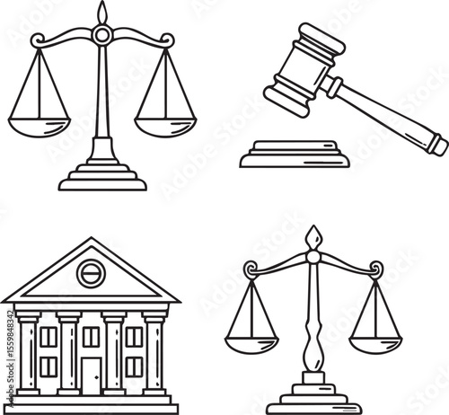 Legal Justice Icons Set, Law and Order Symbols, Courthouse and Gavel Line Art, Courtroom Essentials

