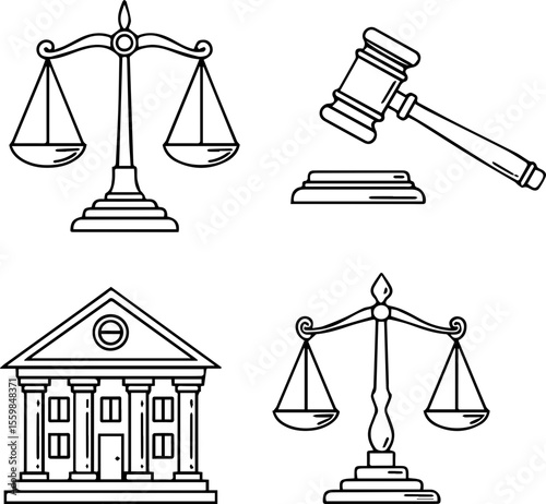 Legal Justice Icons Set, Law and Order Symbols, Courthouse and Gavel Line Art, Courtroom Essentials

