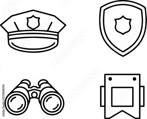 Security and Observation Icons, Law Enforcement Line Art, Police Essentials Symbols Set, Surveillance and Protection