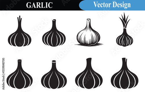Eight Black Garlic Bulb Vector Icons Isolated White Background Different Styles