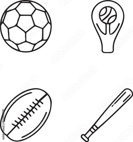 Sports Balls and Bat Set, Athletic Equipment Line Art, Game Day Essentials Icons, Soccer Football Baseball