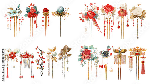 Elegant Chinese hairpin and floral hair accessory illustration featuring tassels, beads, and blossoms. Ideal for beauty, wedding, and traditional costume themes.

