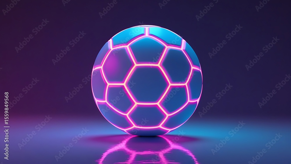 Fototapeta premium Futuristic glowing soccer ball with neon pink and blue light on dark reflective surface