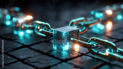 Luminous crystal cube connects glossy chains representing blockchain technology, secured connections, or unbreakable links