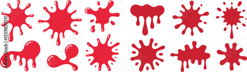 Set of twelve red paint splatter and drip shapes in vector format