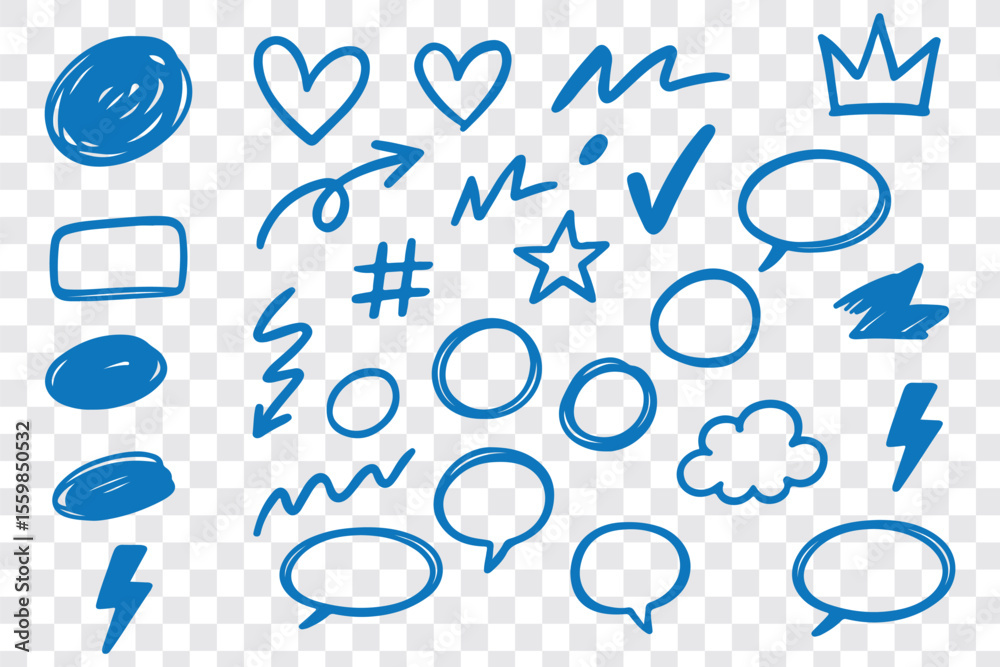 Line hand drawn marker arrow, heart, text highlight brush shape element set. Hand drawn sketch marker underline shape, arrow, star scribble brush pen stroke element. Vector illustration