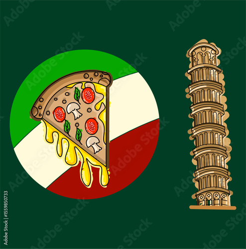 vector illustration of italy, pizza tower. travelling stickers with world's famous landmarks and tourist destinations elements. modern flat design.and Cartoon cheesy pepperoni pizza