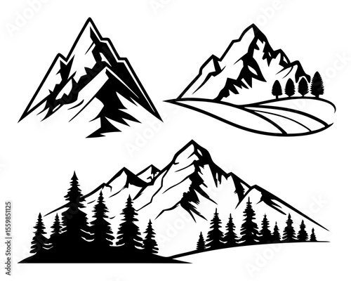 Stylized white graphic of a jagged mountain range with a dense forest of pine trees in the foreground isolated on transparent background