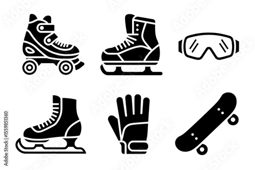 Sports and Recreation Equipment Icons Set. Roller Skates, Ice Skates, Gloves, Goggles, and Skateboard