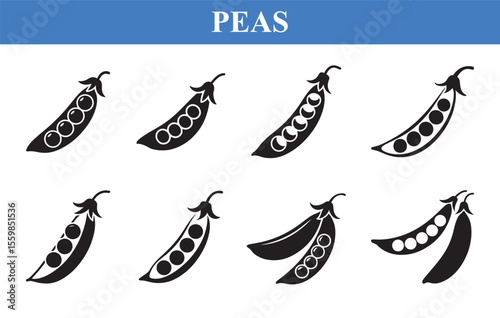 Eight Black Silhouettes of Peas in Pods Various Stages pea pods vegetable