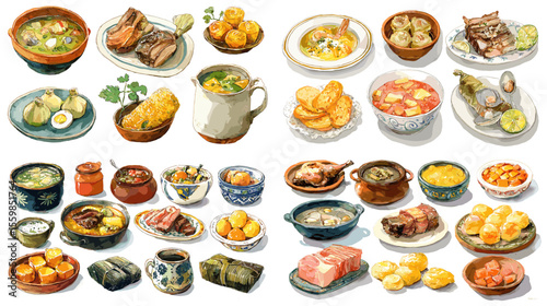 Asian cuisine illustration featuring Chinese soups, meats, dumplings, and side dishes in ceramic bowls and plates. Perfect for cultural and culinary themes.

