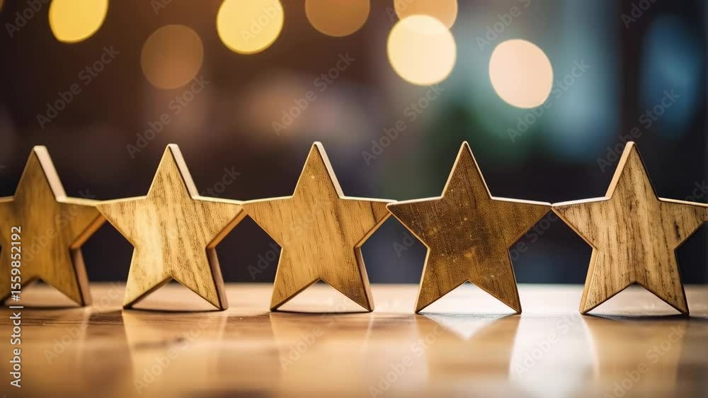 Five unpainted wooden stars standing in a row on a wooden surface with out of focus lights in the background concept
