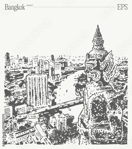A stylized view of Bangkoks vibrant life, blending river, nature, and urban architecture