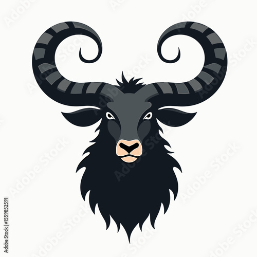 Stylized Black Wildebeest Head with Large Curled Horns Vector Illustration on White Background