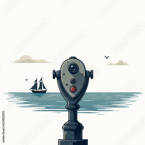 Coin Operated Binoculars Overlooking a Sailboat on the Ocean, with a Cloudy Sky and Distant Birds in a Flat Vector Style